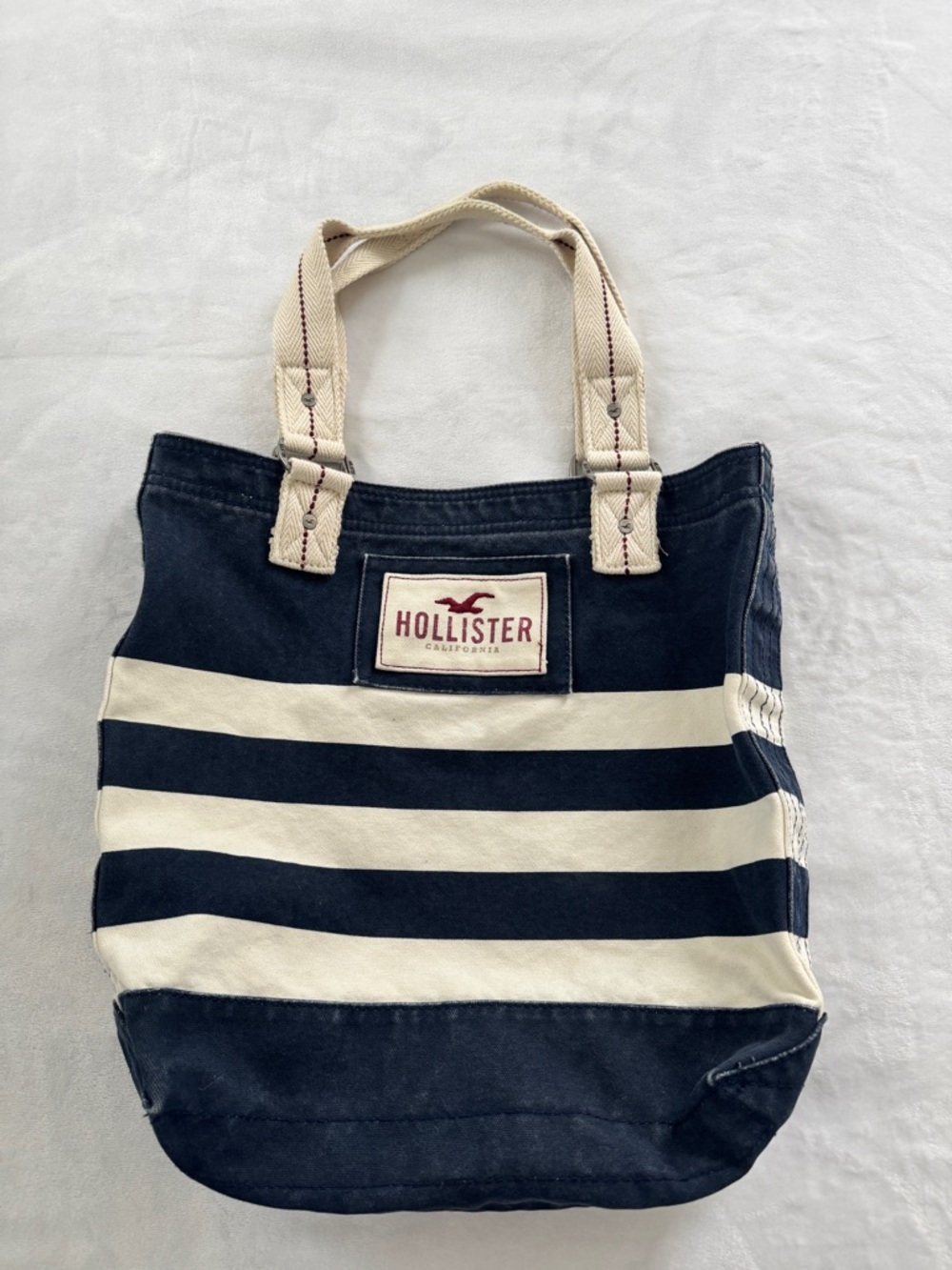 Hollister Navy & Cream Striped Canvas Tote with Red Logo